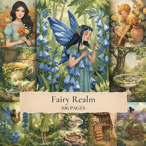 Fairy Realm Junk Journal Pages, Enchanting Watercolor Pixie Collage, Magical Mythical Printable Paper, Forest image, commercial use