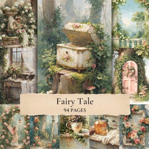 May include: A collection of 94 pages titled Fairy Tale featuring various illustrations of floral scenes, a vintage music box on a tree stump, a pink door in a tree, a fairy by a fountain, a desk, a teacup, and a glass bottle with gloves.