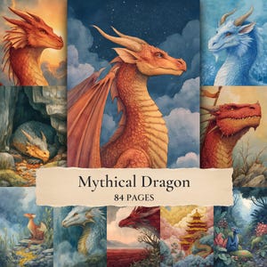 May include: A collection of dragon illustrations featuring various scales and colors, including red, blue, and white dragons in diverse landscapes. A central banner displays the text Mythical Dragon 84 PAGES over the artwork.
