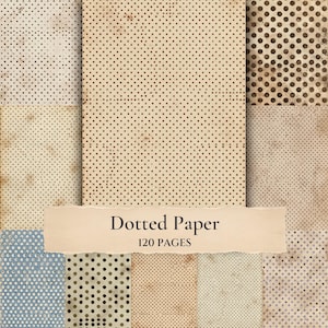 May include: A collection of paper sheets featuring various dotted patterns in shades of beige, brown, blue, and cream with a distressed, vintage texture. A central banner displays the text Dotted Paper 120 PAGES in a dark serif font.