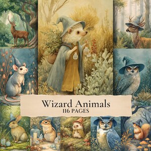May include: A digital collection of 116 pages titled Wizard Animals featuring illustrations of a hedgehog, deer, mouse, owl, rabbit, chipmunk, and squirrel wearing pointed hats in forest settings with various glass bottles and natural elements.