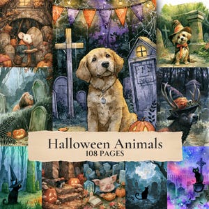 Watercolor Halloween Animals - Dog, Cat, Owl, mouse, goat, panda, Wolf, hedgehog, bear, fox, lion, pig - Digital Paper, Junk Journal Pages