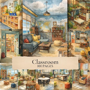 May include: A collection of watercolor illustrations depicting various classroom and interior scenes, featuring bookshelves, desks, seating areas, and educational decor. The central text reads Classroom 101 Pages, presented in a clear, dark font on a light background.