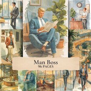 以下が含まれることがあります： Man Boss 96 Pagesと題された水彩画のコレクション。オフィス環境、椅子で新聞を読む姿、歩く姿、デスクで仕事をする姿など、ビジネスウェアを着たプロフェッショナルの様々なシーンが描かれています。