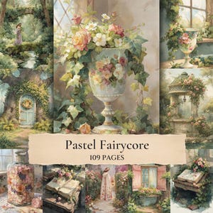 Op de afbeelding: Een verzameling digitale illustraties met pastelkleurige bloemstukken, stenen structuren en open boeken. De centrale afbeelding toont een vaas op een voetstuk gevuld met rozen en klimop. De tekst luidt Pastel Fairycore 109 PAGES.