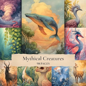 May include: A collection of illustrations featuring mythical creatures, including a blue whale, a pink snake, a crested bird, and a phoenix. The central banner displays the text "Mythical Creatures" and "98 PAGES" on a beige background.