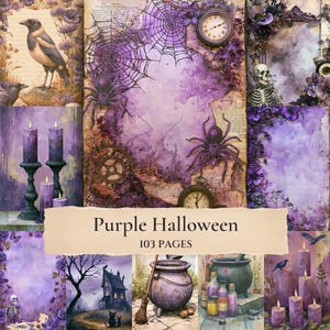 Może przedstawiać: Cyfrowy zestaw papierów zatytułowany Purple Halloween zawierający 103 strony z gotyckimi obrazami, w tym wronami, pająkami, pajęczynami, szkieletami, zegarami, świecami, kociołkiem i nawiedzonym domem w odcieniach fioletu, czerni i kremu.