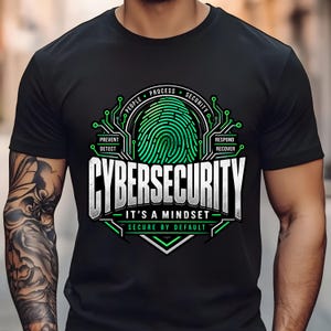 May include: A black t-shirt featuring a graphic design with a bright green fingerprint at the center, surrounded by circuit board patterns. The text reads CYBERSECURITY, IT'S A MINDSET, SECURE BY DEFAULT, PEOPLE, PROCESS, SECURITY, PREVENT, DETECT, RESPOND, RECOVER.