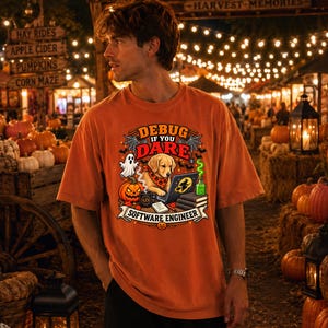 May include: An orange t-shirt featuring a graphic of a golden retriever puppy wearing a pumpkin-patterned bandana, sitting at a laptop. The text reads "DEBUG IF YOU DARE" and "SOFTWARE ENGINEER" with illustrations of a ghost, pumpkin, and potion.