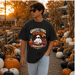 Puede incluir: Una camiseta gris carbón con un gráfico de un fantasma con auriculares frente a una computadora, el texto "GHOSTLY VIBES KEEP Coding DEBUGGING SINCE FOREVER," una calabaza, libros y una ilustración de una casa embrujada.