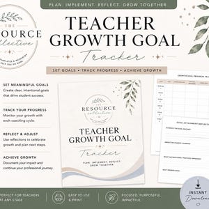 Puede incluir: Un conjunto de documentos Teacher Growth Goal Tracker que incluye una portada con el texto "The Resource Collective" y "Teacher Growth Goal Tracker", junto con una cuadrícula de seguimiento de progreso y una hoja de reflexión.