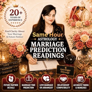 May include: A promotional graphic for astrology services featuring text reading Same Hour Astrology Marriage Prediction Readings, Astrologer Shivangi, and 20+ Years of Experience. The design includes a person writing in a notebook, a crystal ball, candles, floral arrangements, and icons for marriage and relationship advice.