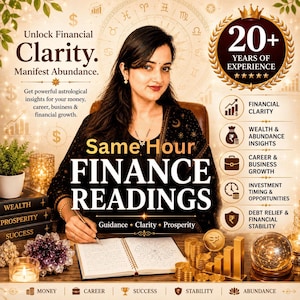 Pode incluir: Um gráfico promocional para Same Hour Finance Readings com uma pessoa escrevendo em um caderno. O texto inclui Unlock Financial Clarity, Manifest Abundance, 20+ Years of Experience e lista serviços como riqueza e carreira.