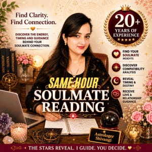 Peut inclure: Un graphique promotionnel pour un service de lecture d'âme sœur avec le texte Same Hour Soulmate Reading, 20+ Years of Experience et Astrologer Shivangi. L'image montre un ordinateur portable, un carnet ouvert, des cartes de tarot et des bougies.