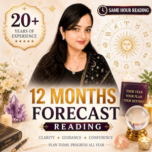 Puede incluir: Un gráfico promocional para una lectura de pronóstico astrológico de 12 meses con una persona, un zodiaco, una bola de cristal y texto que incluye 20+ YEARS OF EXPERIENCE, SAME HOUR READING, 12 MONTHS FORECAST READING, CLARITY, GUIDANCE, CONFIDENCE.