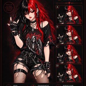 Puede incluir: Una ilustración digital de un personaje con cabello dividido en negro y rojo, vistiendo una camiseta negra desgastada con un gráfico de esqueleto, pantalones cortos rasgados, medias de red y accesorios con tachuelas. La imagen muestra cuatro expresiones faciales.