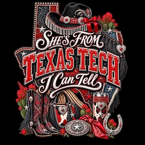 Hon är från Texas Tech PNG, Texas Tech Cowgirl PNG, röd svart western cowgirl, rodeo skjorta design, western sublimering PNG