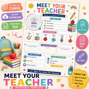 Könnte beinhalten: Eine druckbare Meet Your Teacher-Vorlage mit bunten Grafiken zum Thema Schule wie Sonne, Regenbogen, Büchern und Apfel. Das Dokument enthält Abschnitte für persönliche Angaben, Favoriten, Klassenzimmerinformationen und Kontaktdaten mit Leerzeilen.