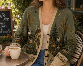 May include: An olive green V-neck button-down cardigan featuring a detailed knit pattern of a forest scene with a small house, trees, ghosts, pumpkins, a crescent moon, and stars. The cardigan has ribbed cuffs and a beige trim along the front opening.