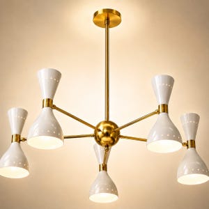 Mid Century Modern Chandelier Stilnovo Inspired Brass Chandelier - 5 Light White Cone Shade Ceiling Light, Atomic Modern Fixture