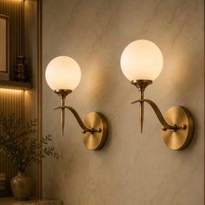 Handmade Brass Globe Wall Sconce, Modern Opal Glass Wall Light, Mid Century Brass Wall Lamp, Luxury Bathroom Vanity Light, Bedroom Sconce