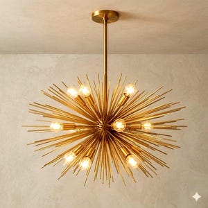 Stilnovo Style Starburst Chandelier Mid Century Modern Brass Sputnik Light - Handmade Atomic Ceiling Light, Luxury Brass Chandelier
