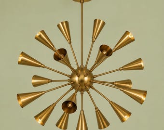 48" Stilnovo Style Starburst Sputnik Chandelier | Mid Century Modern Solid Brass Ceiling Light | Antique Patina Luxury Chandelier |