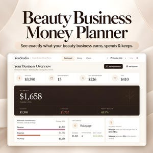 May include: A digital dashboard titled Beauty Business Money Planner displaying financial data for a beauty business. The interface shows a business overview with revenue, appointments, tips, and net profit metrics for October 2026 in a clean layout.