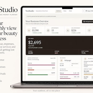 May include: A laptop screen displaying the YouStudio Beauty Business Money Planner dashboard. The interface shows financial metrics including revenue, expenses, net profit, and appointment data for a beauty business, with text detailing business performance.