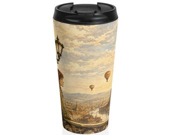 Travel Mug Vintage European Cityscape  | Hot Air Balloons, Lamp Posts