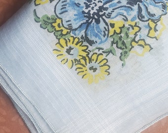 Vintage sheer blue cotton floral handkerchief