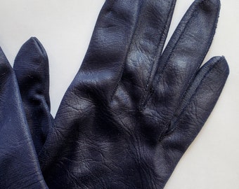 New Women 100% soft patent Rose Winter Vintage Style 70s Blue Leather Gloves 