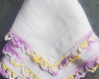 Vintage crocheted linen handkerchief purple yellow