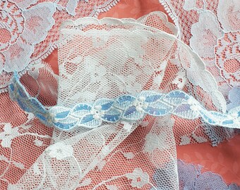 Four vintage salvaged blue lace trim pieces