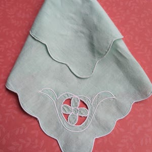 Vintage 50&#39;s cotton embroidered pastel mint green handkerchief