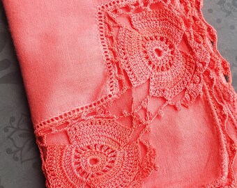 Vintage 50's dyed coral crocheted linen handkerchief with flaws