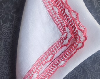Vintage crocheted linen handkerchief red