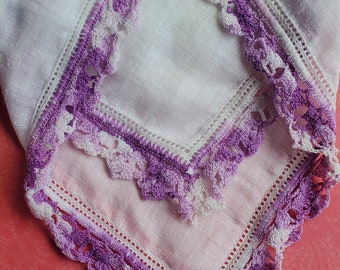 Vintage linen crocheted handkerchief purple