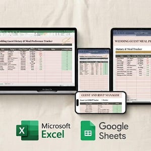 Op de afbeelding: Een laptop, tablet en smartphone tonen een Wedding Guest Dietary & Meal Preference Tracker spreadsheet. De digitale interface bevat kolommen voor namen, maaltijdkeuzes en allergieën. De logo's van Microsoft Excel en Google Sheets zijn zichtbaar.