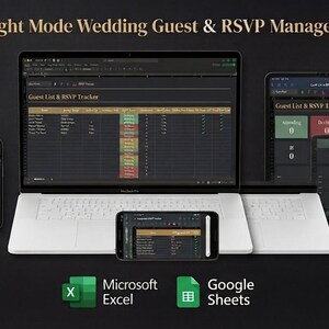 Op de afbeelding: Een digitale Night Mode Wedding Guest & RSVP Manager weergegeven op een laptop, tablet en meerdere smartphones. De interface heeft donkere achtergronden met gouden tekst, georganiseerde tabellen en grafieken voor Excel en Google Sheets.