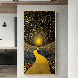 Golden Path Abstract Landscape Oversized Wall Art, Starry Night Dot Painting for Living Room Modern Decor Statement