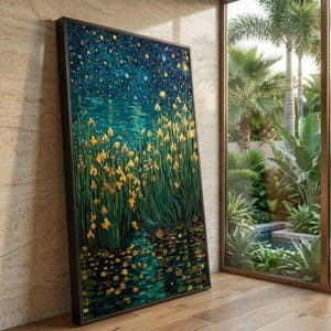 Golden Iris Lake Painting Oversized Wall Art, Starry Night Floral Landscape Canvas Wall Art for Living Room Decor