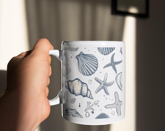 Blue Seashell Starfish Ceramic Mug | Ocean Coastal Coffee Cup