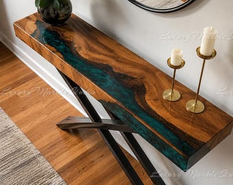 Emerald Green Epoxy River Console Table, Live Edge Wood Entryway Furniture