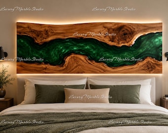 Emerald Green Epoxy River Headboard, Live Edge Olive Wood Bed Headboard, King Queen