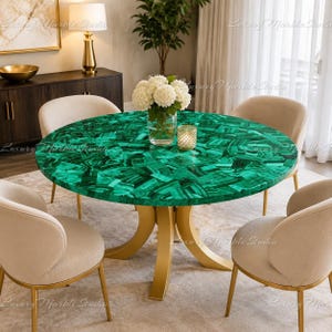 Handcrafted Green Malachite Round Dining Table, Luxury Gemstone Inlay Furniture