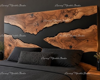 Live Edge Olive Wood Black Epoxy River Headboard | Rustic Modern Wall Panel