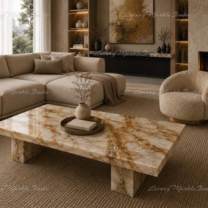 Handcrafted Honey Onyx Marble Coffee Tabletop, Veined Rectangular Slab Furniture