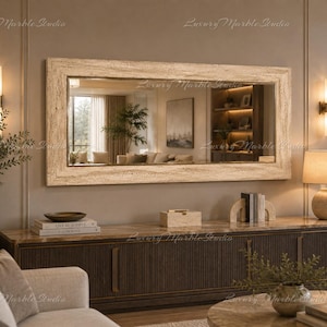Handcrafted Travertine Marble Mirror, Beige Stone Frame, Luxury Rectangular Wall Mirror