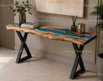 Walnut Epoxy River Console Table, Live Edge Wood Entryway Table, Blue Resin Sofa Table, Handmade Hallway Console Table |